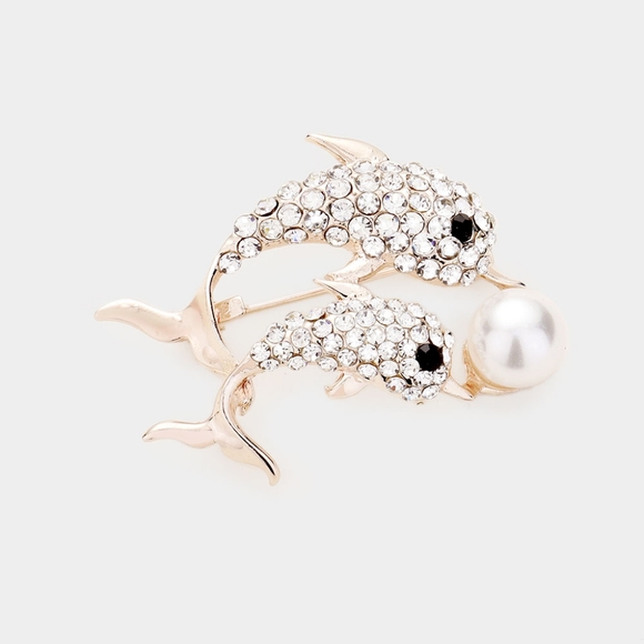 RoseGold Pearl Double Dolphin Rhinestone Crystal 1.75 Inch Brooch Pin Accessory - Picture 1 of 2